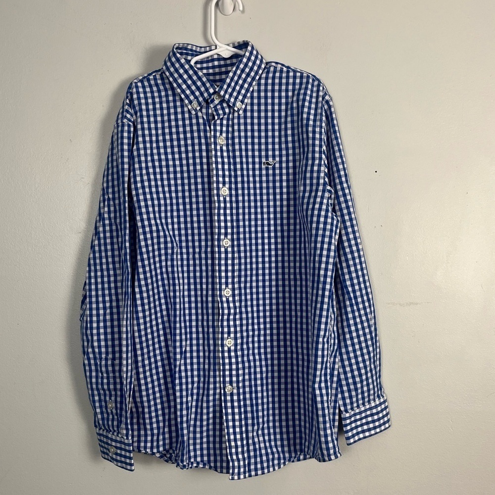 Vineyard vines boys whale shirt blue and white gingham button down size 12/14